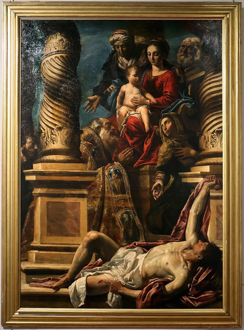 Santa Rosa e un santo vescovo intercedono alla Sacra Famiglia per un appestato